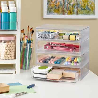 STORi Chloe Space-Saving Clear Drawer Organizer (4 Wide Drawers) Sort Office, Kitchen, Beauty Supplies, Makeup, Pens, Jewelry, Stationary, Made in USA - style: 7.5"W x 1.5"H Drawers (Set of 4)