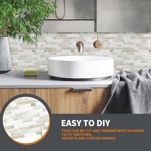 Yipscazo 10 Sheets Peel and Stick Backsplash for Kitchen,12''x12'' Waterproof Stick on Backsplash Smart Tiles for Bathroom,Removable Self Adhesive Wall Tiles (Marble Beige&White) - color: Marble Beige&white