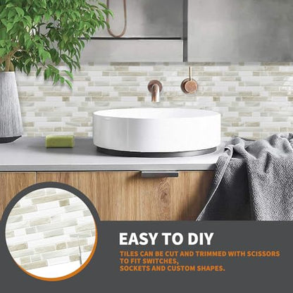 Yipscazo 10 Sheets Peel and Stick Backsplash for Kitchen,12''x12'' Waterproof Stick on Backsplash Smart Tiles for Bathroom,Removable Self Adhesive Wall Tiles (Marble Beige&White) - color: Marble Beige&white