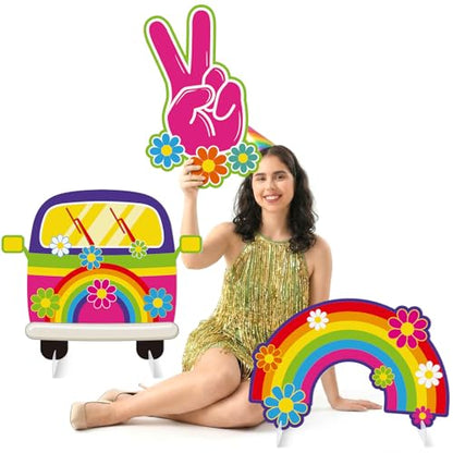 Soulchen 3 Pcs 24 Inch Large Hippie Photo Booth Props Retro Groovy Birthday Party Decorations Boho Bus Peace Sign Hand Rainbow Daisy Frame Backdrop for 60s 70s Hippie Party Supplies - style: Bright Hippie