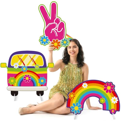 Soulchen 3 Pcs 24 Inch Large Hippie Photo Booth Props Retro Groovy Birthday Party Decorations Boho Bus Peace Sign Hand Rainbow Daisy Frame Backdrop for 60s 70s Hippie Party Supplies - style: Bright Hippie