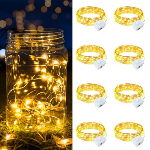 8 Pack Warm White Fairy Lights Battery Operated, 7ft 20 LED Mini String Twinkle Lights for Christmas Halloween Mason Jars Party Centerpiece Table Decorations (8, Warm White) - color: Warm White