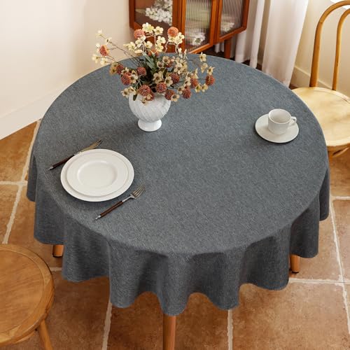 Seenus Faux Linen 60 Inch Gray Round Tablecloth fits 30'' to 48'' Table, Textured Stain Resistant & Washable Table Cloth for 2-4 Seats Circle Dining Table Kitchen Patio - color: Dark Grey, size: 60" (Round)