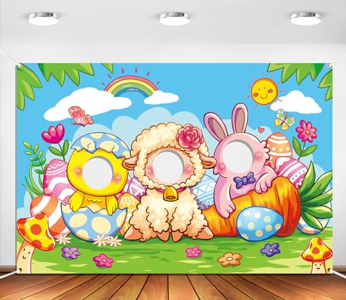 Easter Face in Hole Backdrop 5 x 3.3 ft, Baby Chick Sheep Bunny Face Cutout Photo Props, Happy Easter Party Photography Background, Spring Party Bunny Decoration Kids Photo Booth Props
