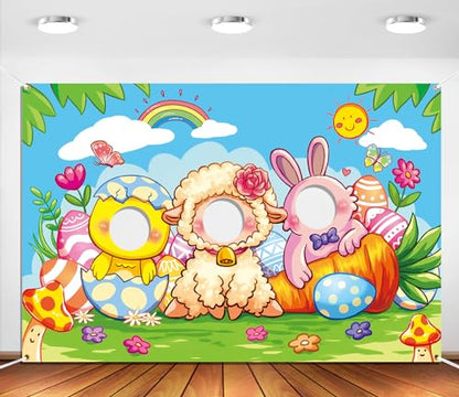 Easter Face in Hole Backdrop 5 x 3.3 ft, Baby Chick Sheep Bunny Face Cutout Photo Props, Happy Easter Party Photography Background, Spring Party Bunny Decoration Kids Photo Booth Props