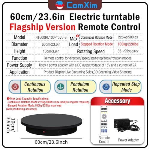 23.6In Remote Large Motorized electric turntable Rotating platform Photography Turntable Motorized lazy susan Base giratoria para for Photography,3D Scanner,Heavy duty display(Load Range:220~500lbs) - size: 23.6inch/Black/500lbs Load