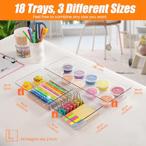 Criusia 18 Pcs Large Size Clear Drawer Organizer Set, Acrylic Non Slip Non Cracking Kitchen Drawer Storage Tray Divider, Multifunctional Storage for Cosmetics, Bathroom, Tools, Kitchen and Office - size: 18 Pack