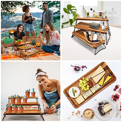 3 Tier Cupcake Stand and Towers Large Serving Tray for Party Acacia Wooden Dessert Table Display Set Decorative Tray Tiered Tray Decor Small Chees Charcuterie Boards Rustic Wood Serving Platters Trays - size: 17" x 24" x 8.8"