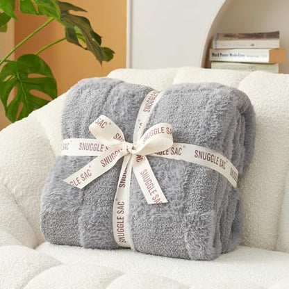 Snuggle Sac Faux Fur Checkered Blanket Twin Size with Soft Knitted Microfiber Fabric,Cozy Soft Warm Blanket for Sofa Bedroom Living Room,Solid Light Grey,60x80 inches - color: Solid Light Grey, size: Twin(60"x80")
