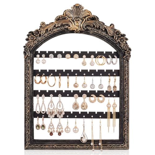 1 Pcs 13 x 9.3'' Wall Hanging Earring Holder Organizers Vintage Black Arched Frame 4 Layer Wall Mounted Jewelry Holder Decorative Retro Baroque Stud Earring Display - color: Black, size: 13 x 9.3''
