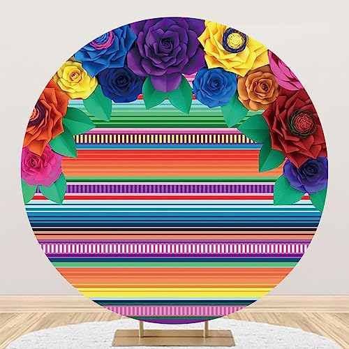 AOFOTO 6.5x6.5ft Mexican Fiesta Theme Round Backdrop Colorful Stripes Paper Flower Cinco De Mayo Carnival Mexican Festival Party Decor Photography Background Photo Studio Booth Props Supplies - color: Fiesta C, size: 6.5x6.5ft