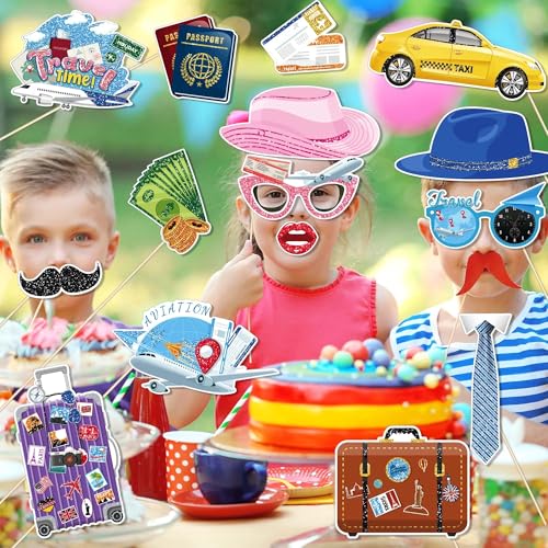 25Pcs Travel Photo Booth Props with Stick, Adventure Awaits Theme Selfie Props, Bon Voyage Birthday Party Supplies, Around The World Photography Backdrop Decorations