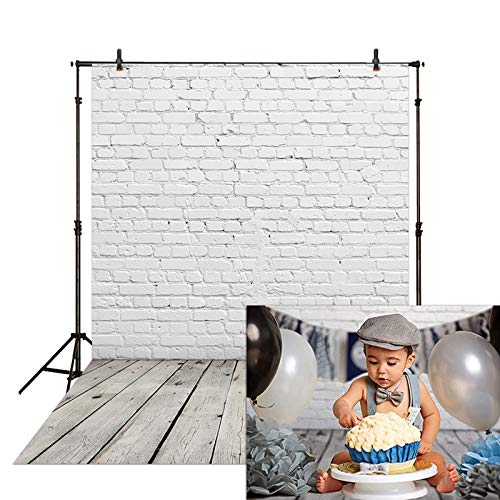 Allenjoy Fabric 5x7FT White Brick Wall with Wooden Floor Photography Backdrop Photo Background Prop for Newborn Baby Photoshoot Photographer - size: 5 X 7 Ft