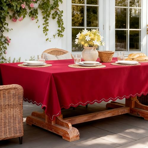 Outdoor Rectangle Tablecloth Linen Textured Waterproof & Stain Resistant Table Cloth Boho Decorative Scalloped Cutouts Farmhouse Table Cover for Dining, Parties and Camping, 55 x 84 Inch, Burgundy - color: Burgundy, size: 84" x 55" (Rectangular)