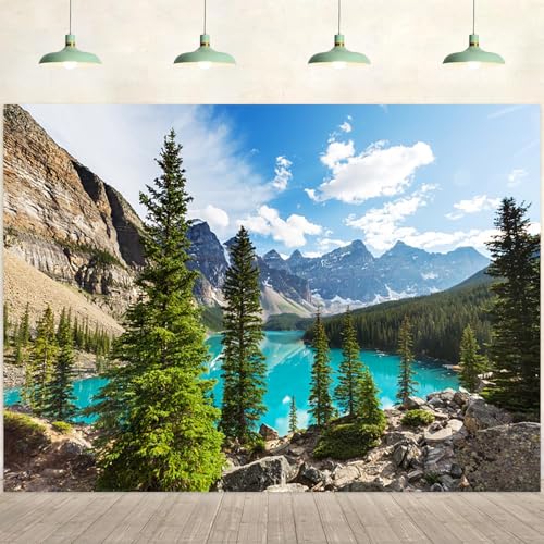 7x5ft Mountain Backdrop Natural Mountain Scenery Lake Pine Trees Forest Photography Background Landscape Camping Themed Party Decorations Wallpaper Kids Adults Portraits Photo Studio Props - color: Mountain-3, size: 7x5ft