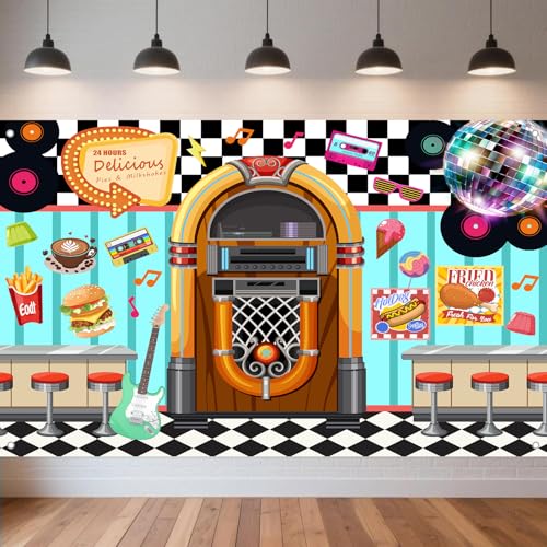 50s Retro Diner Backdrop Rock and Roll Party Decorations Backdrops Sock Hop Decorations for Birthday 7x5ft