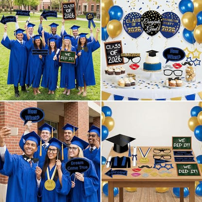 Class of 2026 Graduation Photo Booth Props Set - 35PCS Blue and Gold Graduation Party Decorations with Paper Sticks & Double-Sided Tape, Perfect for 2026 Congrat Grad Party Supplies