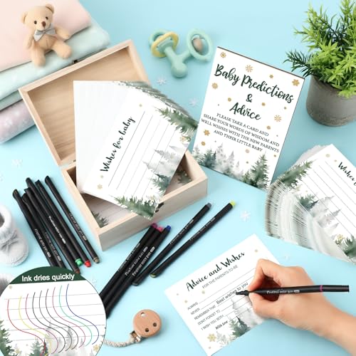 Thyle 134 Pcs Baby It's Cold Outside Shower Games Woodland Winter Baby Shower Games Prediction Advice Cards with 12 Color Pens Keepsake Box for Boys and Girls Winter Neutral Party(Green,Tree)