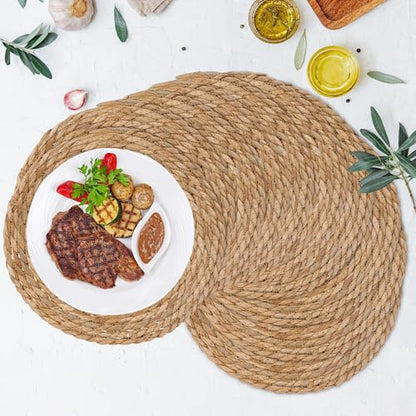 GENMOUS 10 Pack Woven Placemats, 12" Round Placemats Natural Water Hyacinth Boho Placemats,Farmhouse Rattan Chargers for Dinner Plates,Rustic Braided Wicker Table Mats for Dining Table,Home,Wedding - size: 12inch, Set of 10