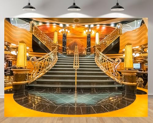 MAEQLQLM 10x8ft Luxury Cruise Ship Grand Staircase Backdrop Glamorous Interior Lobby Background for Cruise Travel Theme Party Luxury Event Decor Wallpaper Photoshoot Props - size: 10x8FT