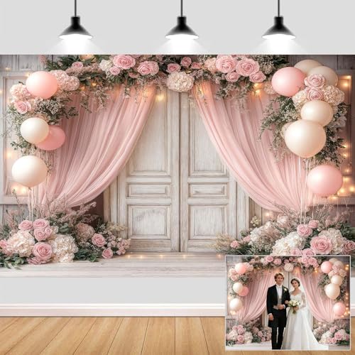 7X5ft Wedding Floral Backdrop Vintage White Wood Barn Doors Pink Rose Flowers Elegant Photography Background Bridal Anniversary Party Photo Shoot Decor Props - color: Multi10, size: 7X5ft