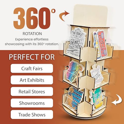 Rotating Display Stand, 3 Tier Wooden Organizer, 4-Sided Display Rack, 360 degree Spinning Multi-Pocket Tabletop Display Stand for Coasters, Stickers, Retail, Showcase, Tradeshow, 17”H, Natural - style: NATURAL