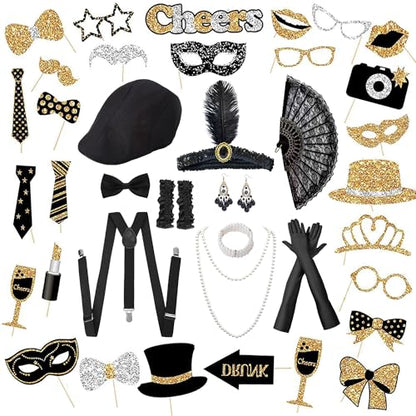 40 Pcs 1920's Party Decoration Couple Cosplay Costume Roaring Retro Costume Including Roaring 20's Photo Booth Props Headband Gloves Gangster Hat Accessories Kit Birthday Theme Party Supplies