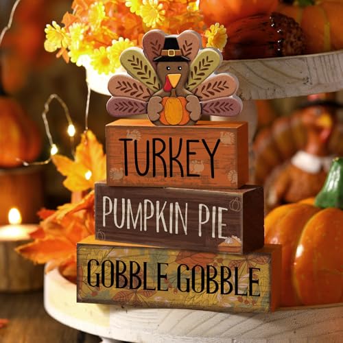Lineshading 4 Pcs Thanksgiving Decorations for Home Wooden Turkey Decor Fall Tiered Tray Decor Thanksgiving Table Centerpiece Rustic Wooden Turkey Block Sign for Autumn Harvest Party Kitchen Shelf - style: Classic Turkey