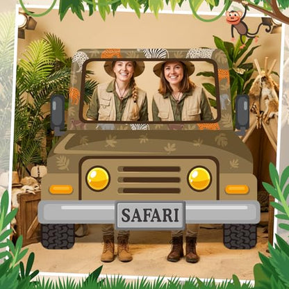 Capoda Safari Truck Photo Backdrop Stand up Cardboard Cutout for Jungle Party Decorations - 60 x 54 Inch Forest Animal Adventure Car Standee with Face Opening for Zoo Birthday Party Family Activity - style: Jungle Safari Car