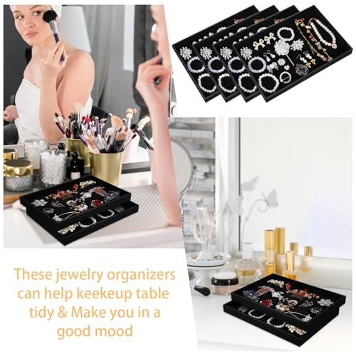6PCS Black Velvet Stackable Jewelry Trays, Jewelry Organizer Tray for Drawers, Countertop & Dresser, Soft Showcase Trays for Rings, Necklaces, Earrings (Velvet Lining)