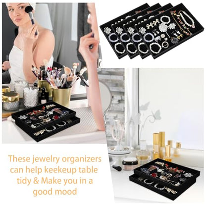 6PCS Black Velvet Stackable Jewelry Trays, Jewelry Organizer Tray for Drawers, Countertop & Dresser, Soft Showcase Trays for Rings, Necklaces, Earrings (Velvet Lining)