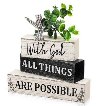 Geelin 4 Pcs Christian Wooden Sign Farmhouse Rustic Eucalyptus Leaves Wood Block Sign Table Centerpiece Religious Tiered Tray Decor Centerpiece Decor for Home Summer - style: Christian