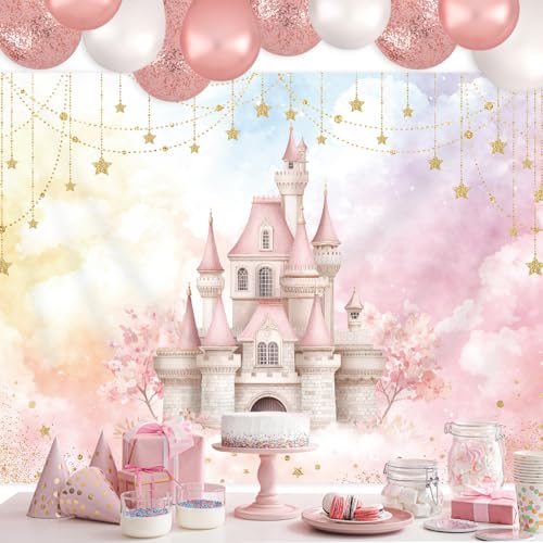 Pink Fairy Castle Backdrop 7Wx5H Feet Polyester Fabric Pretty Starry Star Fantasy Ombre Clouds Flower Decoration Dreamlike Wonderland Aesthetic Photography Background Photo Shoot Props - color: E-12Pink Castle, size: 7Wx5H