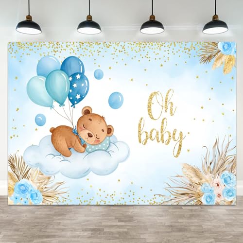 5x4ft Oh Baby Blue Baby Shower Backdrop Sleeping Bear on Cloud with Balloons Pampas Grass and Gold Glitter Decoration for Boy Gender Reveal Party Newborn Welcome Home Photography Background - color: Color 4, size: 5x4ft