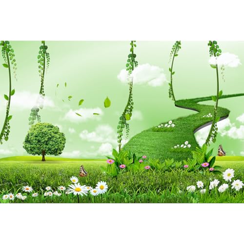 Fantasy Trees Backdrop Heart Shape Tree Love Symbol Photography Background Spring Lush Green Meadow Flowers Backdrop Spring Garden Wonderland Background for Kids Children Adult Photo Props 5x3ft - color: Light Green, size: 5x3ft