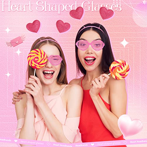 MTLEE 24 Pcs Valentines Heart Head Boppers Headbands and Heart Shape Sunglasses Valentines Party Supplies Wedding Photo Prop - color: Hollow Rose Red
