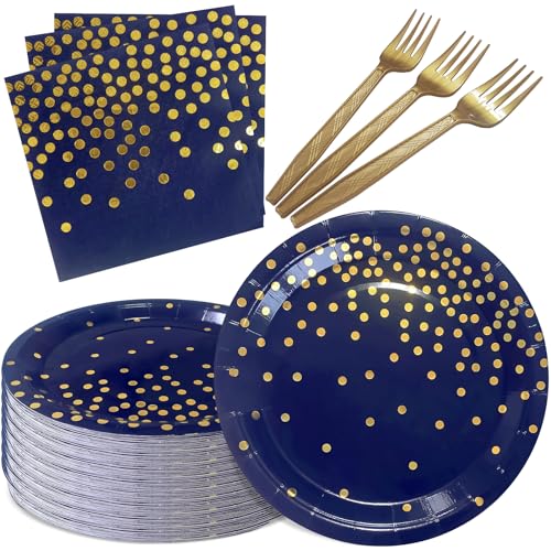 Serve 35 Guests Navy Blue and Gold Party Supplies,7 Inch Blue and Gold Paper Plates and Napkins for Birthday Wedding Retirements Graduation Party - color: Dark Blue Gold Dot Paper Plate