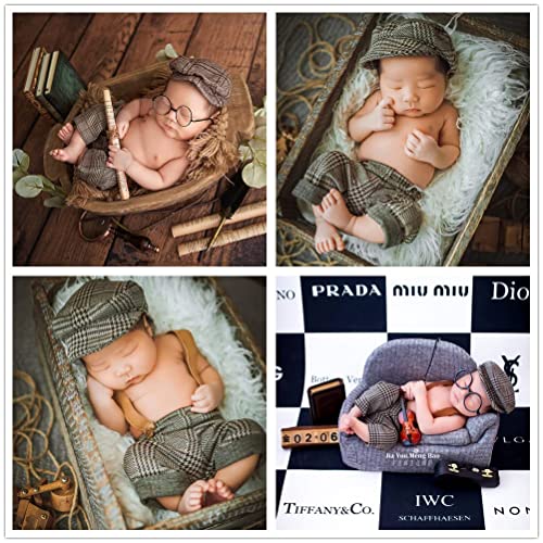 Newborn Monthly Baby Photo Props Stripe Checked Flat Cap Newsboy Suspender Pants Romper for Photography Outfits - color: Beige
