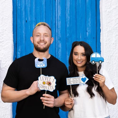 1st Birthday Boy Photo Booth Props - 41-pc Photobooth Kit with 8 x 10-Inch Sign, 60 Adhesive Pads, 45 Sticks - First Birthday Photo Kit