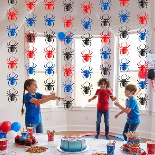 Xinnun Spider Party Decorations Hanging Banners Garland Red Blue Black Spider Banner Cutouts Ribbon Streamers for Birthday Baby Shower Party Decorations Supplies - style: Hero