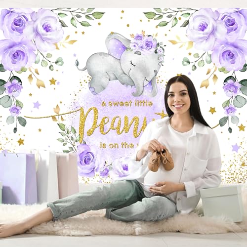 InMemory Purple Elephant Baby Shower Backdrop Watercolor Flower It's A Boy Oh Baby Shower Party Decorations Photography Background Floral Little Peanut is On The Way Wall Banner 6x4ft - color: Purple, size: 6x4ft