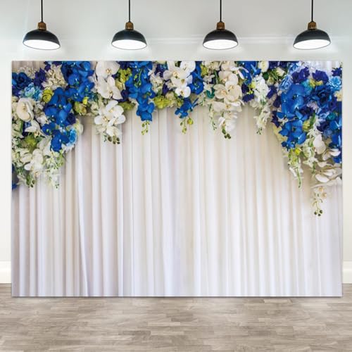5x4ft White Wedding Backdrop White Blue Floral Flowers Photography Background Bride Groom Ceremony Party Bridal Shower Banner Decorations Engagement Proposal Portrait Photo Booth Prop - color: color 2, size: 5x4ft