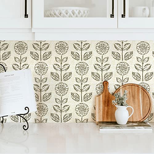 Wudnaye Floral Peel and Stick Wallpaper Vintage Tulip Floral Wallpaper 17.7in×393.7in Flower Farmhouse Contact Paper Peel and Stick Neutral Self Adhesive Removable Vinyl Wall Paper for Kitchen Bedroom - color: Brown, size: 17.7" x 393.6"