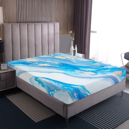 Erosebridal Blue Marble Queen Bed Sheets, Stone Pattern Fluid Fitted Sheet for Kids Teens Adult Women Bedroom Decor, Modern Golden Glitter Bedding Set Metallic Marble Texture Sheets - color: Aqua Blue Gold White, size: Queen