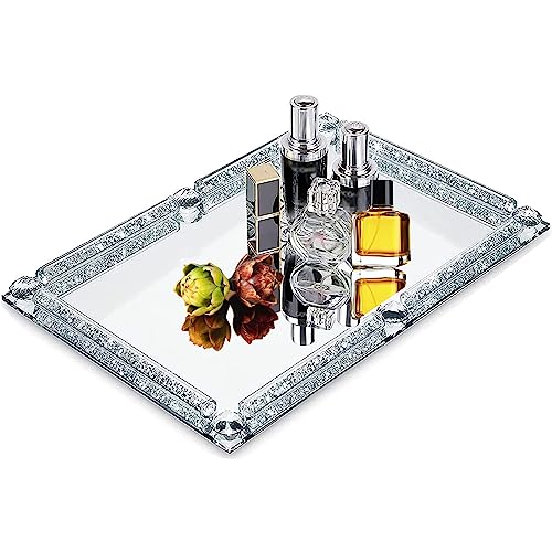 Crystal Glass Tray, Modern Mirror Jewelry Dresser Trinket Trays with Crushed Diamond, 11.8" x 7.9"Rectangular Makeup Perfume Tray for Bathroom Bedroom, Home Decor, Hotel Banquet, Party(Silver) - color: Silver