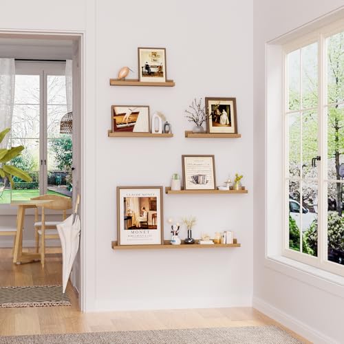 Heimlove Floating Shelves Set of 6, 16" Wall Mounted Picture Ledge, Display Shelf Organizer for Decor Storage, Wall Mounted Shelves for Living Room, Bedroom, Bathroom, Kitchen (Oak) - color: Oak, size: 16 inches set of 6