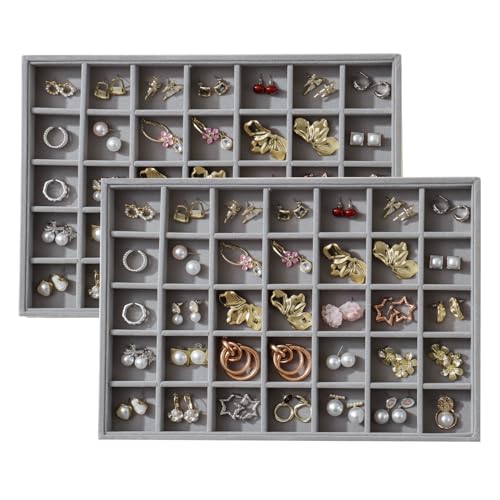 Large Velvet Jewelry Tray 2 Pack Stackable Jewelry Display Drawer Inserts Trays Organizer for Earring Bracelet Necklace Ring (Gray, 35 Grids) - color: Gray, size: 35 Grids