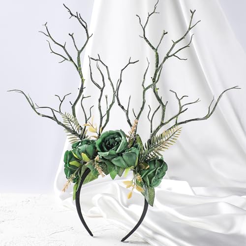 MOSTORY Woodland Deer Antler Headband - Fairy Costume for Woman Branch Crown for Renaissance Halloween Renfaire Cosplay - color: Green