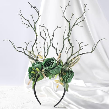 MOSTORY Woodland Deer Antler Headband - Fairy Costume for Woman Branch Crown for Renaissance Halloween Renfaire Cosplay - color: Green