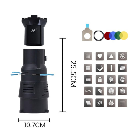 Bowens Mount 36°Lens Spotlight Conical Optical Snoot kit,Photography Studio Lighting Projector Accessory with 20 Gobos,4 Color Filters for Aputure Amaran 100DS/XS 200XS/DS 300C/DII/X 60D/XS - size: 36°